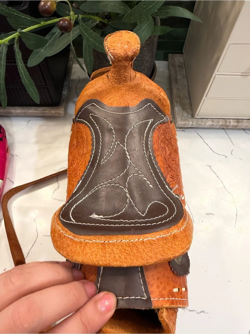 Handcrafted Brown Tooled Leather Saddle Crossbody Bag
